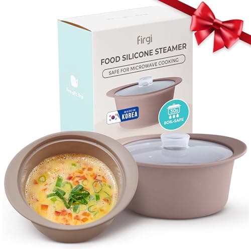 Image of FIRGI 20fl.oz (2.3cup) Silicone Microwave Steaming Pot with Handle & Lid for Easy Cooking Vegetables, Egg, Noodles Soup Non-Stick Dishwasher Safe Easy Clean Made in Korea Taupe Brown 500ml