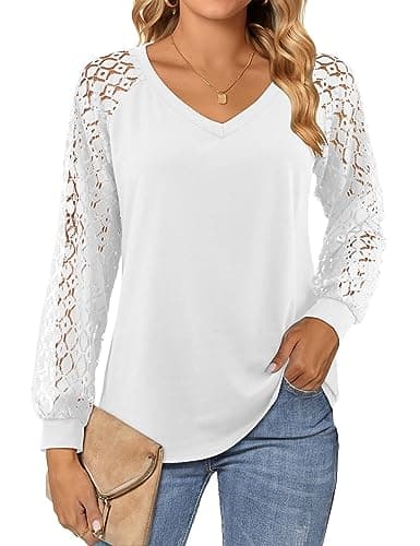Image of Beluring Ladies Long Sleeve T Shirt Elegant Lace Sleeve Shirt Dressy Top White Size 16 18