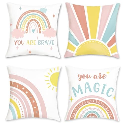 Image of Bonhause Boho Rainbow Cushion Covers 45 x 45 cm Sun You are Brave Colorful Decorative Throw Pillow Covers for Sofa Couch Bed Home Patio Nursery Room Decor Set of 4