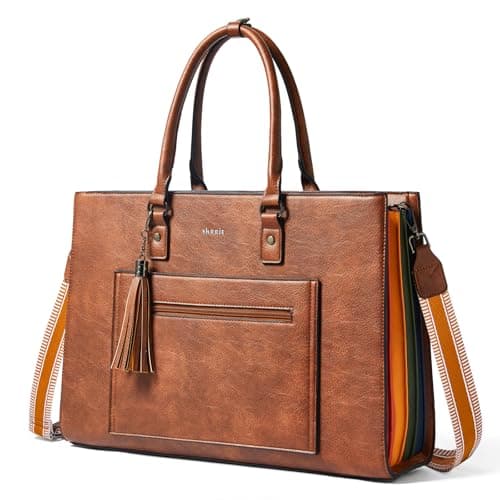 Image of Shrrie 16 inch Laptop Bag for Women-Fashion Rainbow Side,Waterproof Leather Tote Bag,Vintage Laptop Tote Purse,Two-toned Brown