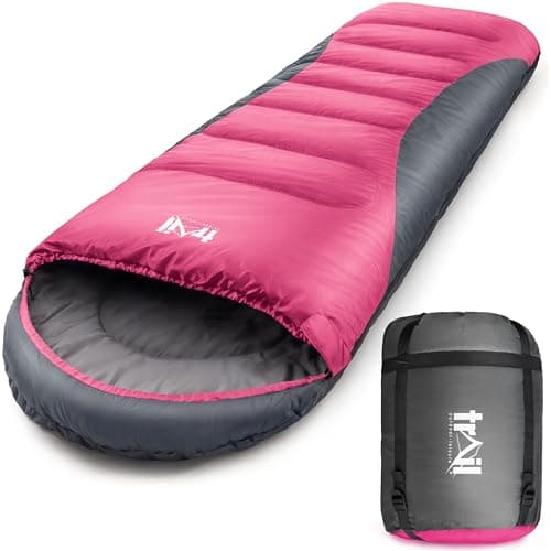 Image of Trail Alpine 400 Hooded Sleeping Bag, 3 to 4 Season Extra Warm Double Quilted 400gsm Hollowfibre Filling, Snug Drawcord Hood, Full Length 2 Way Zipper, Single Adult, Lightweight with Bag (Pink)