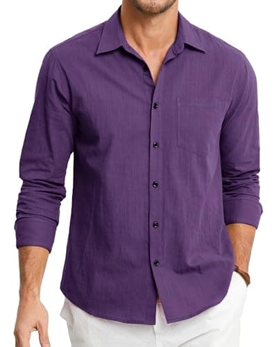 Image of HISDERN Men's Long Sleeve Linen Shirts Button Up Regular Fit Lightwight Solid Shirt Casual Summer Beach Shirts for Men with Pocket Purple XL