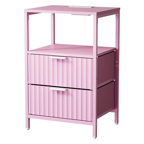 Image of Bonnlo Bedside Table with Charging Station, Grille Nightstand with USB, Type-C and Plug, Small End Tables with 1 Shelf, 2 Fabric Drawers and Cabinet,38×30×60cm Bedside Cabinet (1pc, Macaron Pink)