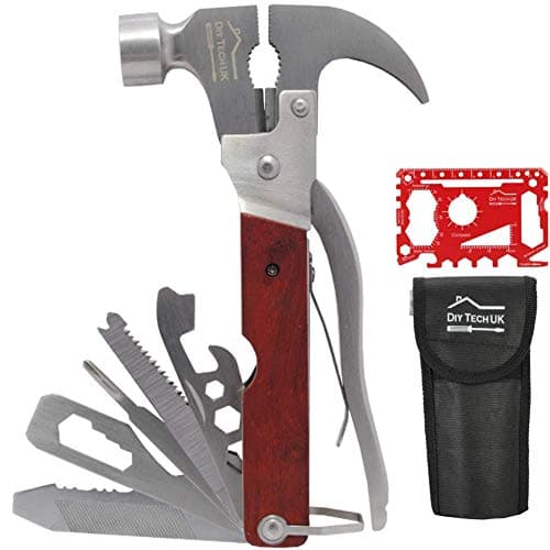 Image of DIY TECH UK - 23 in 1 Multitools for Men - Hammer Multi Tool Camping and Survival - Pliers, Screwdrivers, Bottle Opener, Saws, File, Spanners - Wooden Handle + Free 48 in 1 Credit Card Gadget + Pouch