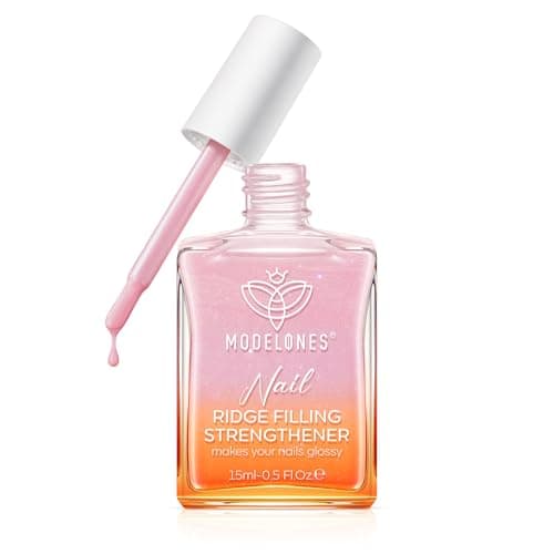 Image of Modelones Nail Care 8 in one Ridge Filling Strengthener Treatment, Nail Polish Strengthener for Damaged and Weak Nails, Nail Hardener Extra Strong and Growth Smoothing Base Coat Pink Nail Varnish 15ml