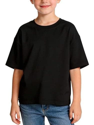 Image of Essentia Topia Unisex Kids Heavyweight 200gsm Pure Cotton T-Shirt, Girls Boys Drop Shoulder Boxy Tee, Premium Thick Soft Oversized Streetwear Top 11-12 Years Black