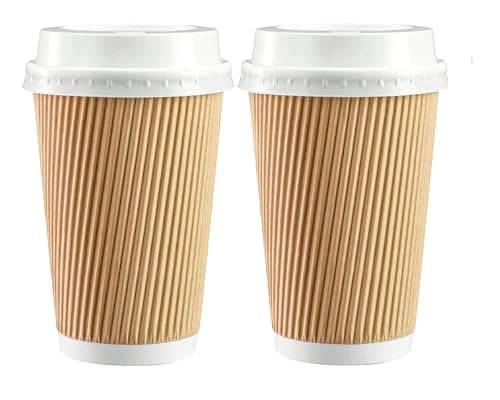 Image of Sunrise Packaging 50 x 12oz Kraft Ripple Coffee Cups with LIDS 340ml | Eco-Friendly Insulated Brown Hot Drinks Cups (12oz Cups with LIDS)