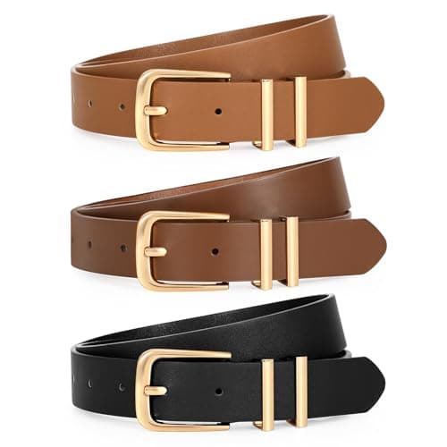 Image of WERFORU 3 Pack Women's Leather Belts for Jeans Dresses Fashion Ladies Gold Buckle Leather Belts, Black/Brown/Coffee