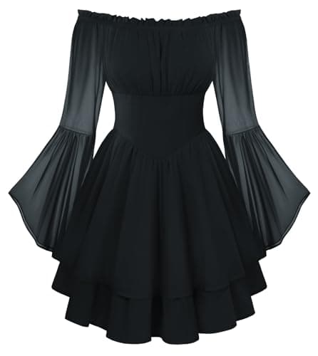 Image of SCARLET DARKNESS Women Medival Off Shoulder Corset Dress Long Sleeve Victorian Midi Dress Black S