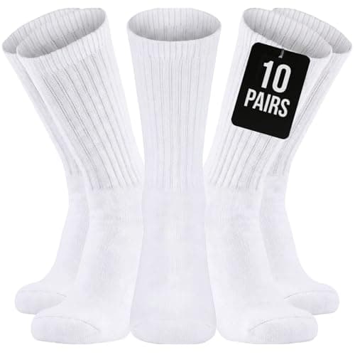 Image of Kensington® Men’s Sport Socks – 10 Pairs, White Crew Socks (Size 6-11) – Cushioned Cotton for Gym, Running & Everyday Use