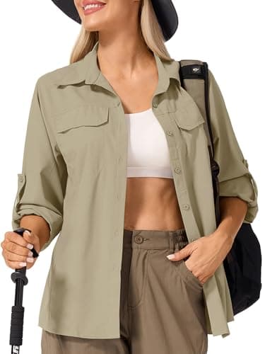 Image of Jessie Kidden Womens Long Sleeve UV Protection Safari Hiking Fishing UPF 50+ Quick Dry Cooling Camping Travel Shirts #5083-Khaki-S