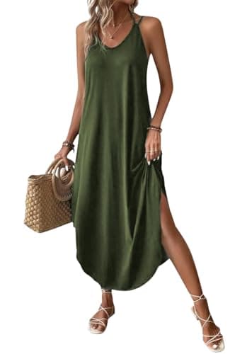 Image of Chicrise Women Maxi Sleeveless Dress Casual Beach Dresses V Neck Summer Dresses with Split Green 3X Large 28-30