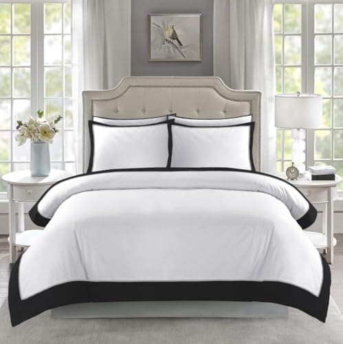 Image of Lions White Bedding Set - 3 PC Double Bed Duvet Cover Sets with 2 Matching Pillowcase, Poly Cotton Soft Breathable Hotel Quality Quilt Covers, Border Striped Pattern, Black, 200x200cm