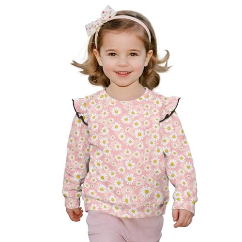 Image of Cumagical Sweatshirts For Girls Daisy Graphic Lightweight Ruffle Long Sleeve Crewneck Floral Sweatshirt Casual Park Long Sleeves Pink Tshirts