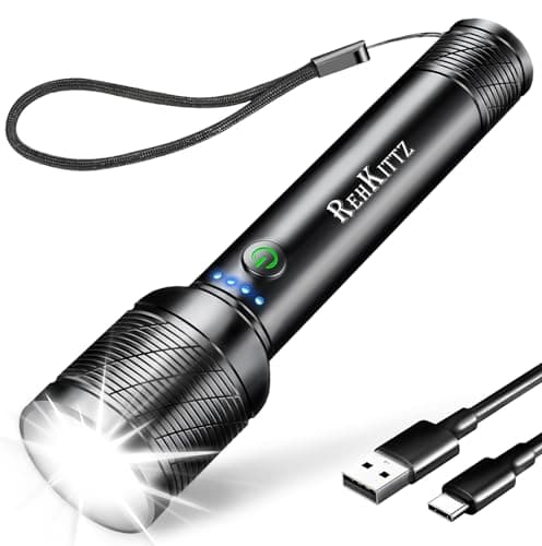 Image of REHKITTZ Torch, LED Rechargeable Torches(Built-in Large Capacity Battery) 2200 Lumen Super Bright Flashlight with Power Display,Long Working Time,Aluminum Alloy,5 Light Modes,Zoomable Torch