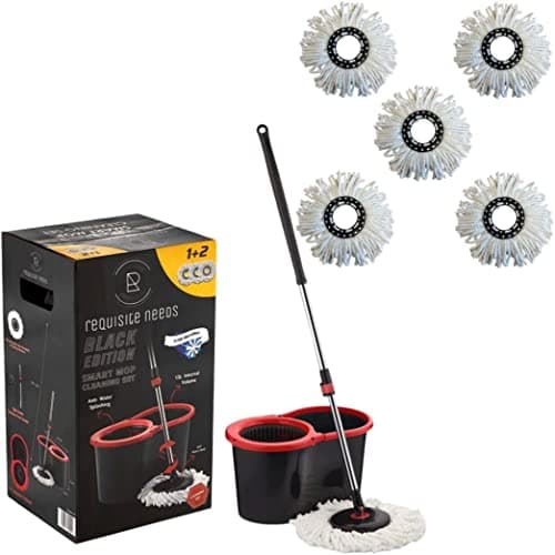 Image of Requisite Needs Smart mop cleaning set – Black edition – Anti-splashing Strong And Sturdy Material – Easy Floor Moping System – 1x Bucket+3 Replacement Mop Heads – 13 Liter (Mop + Bucket + 5 Refills)