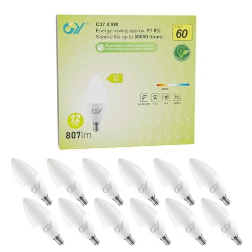 Image of GY E14 LED Bulb Small Edison Screw SES Candle Energy Efficiency Bulb, 3000K Warm White 4.9W 807 Lumens, Equivalent to 60W, 280° Beam Angle Non-Dimmable, Pack of 12