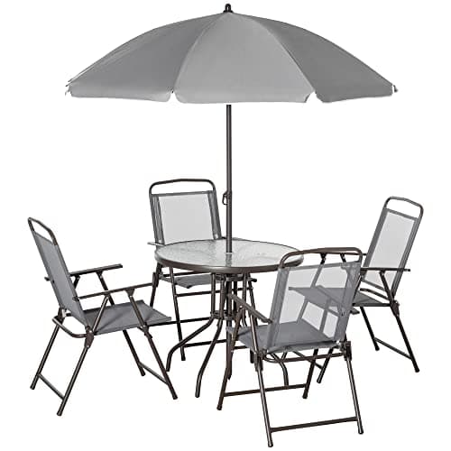 Image of Outsunny 6 Piece Garden Dining Set with Umbrella, Patio Sets with Parasol with 4 Folding Dining Chairs & Round Tempered Glass Table, Grey