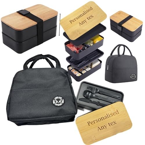 Image of Velmonto Personalised Lunch Box with Name – Bamboo Lid Engraved Bento Box, Kids & Adults Lunch Container with Cutlery & Insulated Bag, BPA Free Meal Prep Box