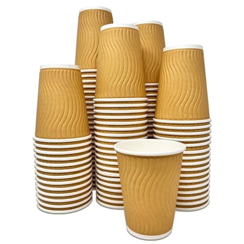 Image of DHANZIPAK 100 x Premium Kraft 12 Ounce (12oz) Ripple 3 Ply Disposable Leakproof Insulated Paper Cups for Tea, Coffee, Cappuccino & Other Hot Drinks
