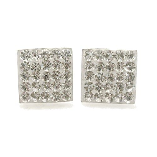Image of 10MM Bling MENS LARGE Square Micro Pave Austrian Crystal Sterling Silver Stud Earrings - White/Clear - Beckham Style