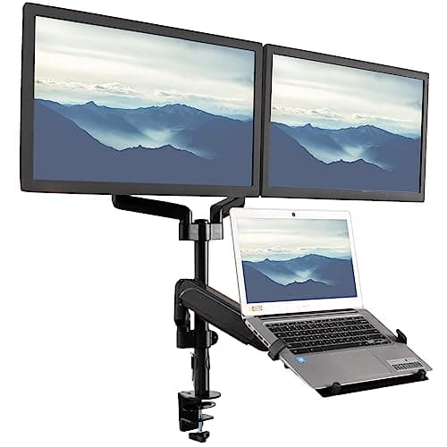 Image of VIVO Laptop and Dual 17 to 32 inch Monitor Pneumatic Arm Mount, Fits 2 Flat or Curved Computer Screens and 10 to 15.6 Inch Notebooks, Laptop Tray, C-clamp, Grommet Mounting Base, Black, STAND-V003KL