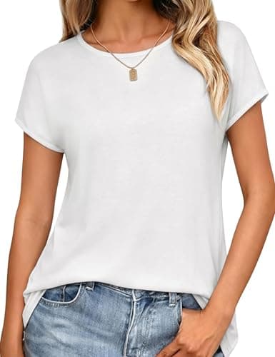 Image of Leversic Casual Women Tops Plain Short Sleeve T-Shirt Crew Neck Regular Fit Summer Tunic Basic Tee (White,M)