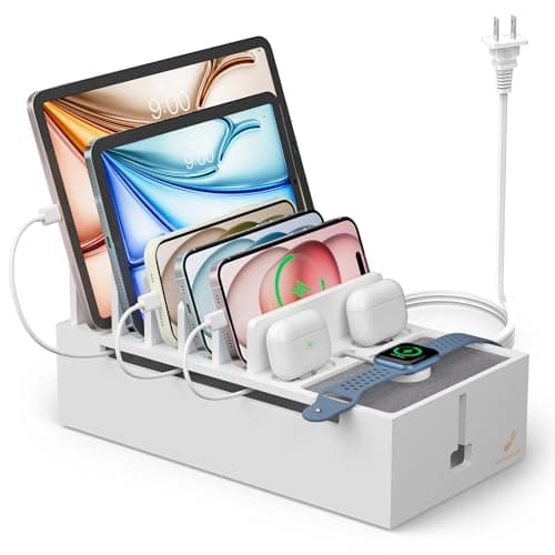Image of Pezin & Hulin Bamboo Charging Dock Station for Electronic Devices, Docking Organizer for Phone and Tablets, Smart Watch, Earbuds, Power Strip Box (Included 5-Port USB Charger and 5 Cables) -White