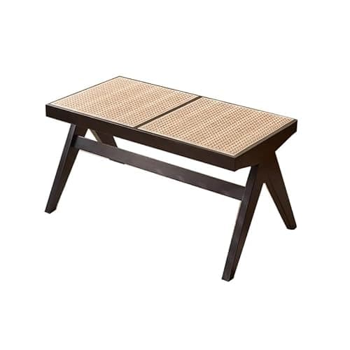 Image of Modern Rattan Entryway BenchEasy to Assemble Indoor Wooden Dining Table Seat Light Walnut Finish Stylish Storage Solution for Hallway & Living Room.