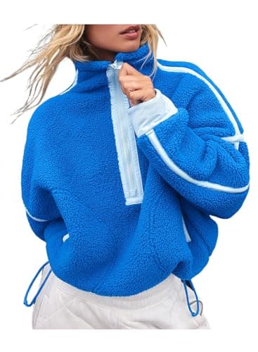 Image of Kumufenc Women's Fleece Sweatshirts Half Zip Pullover Long Sleeve Sherpa Workout Crop Tops Hoodie with Pocket, Blue, Large