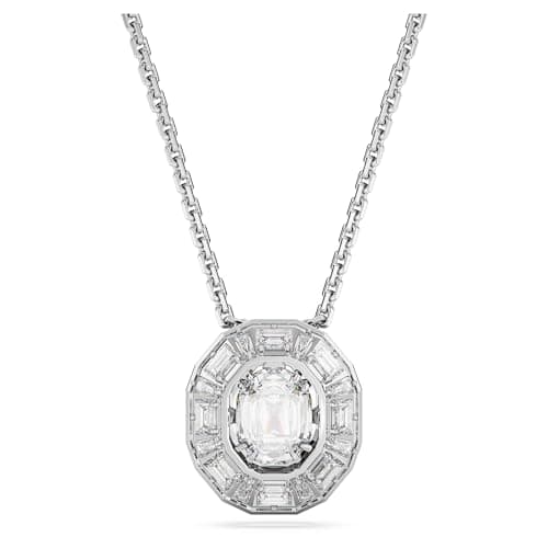 Image of Swarovski Mesmera Pendant Necklace, Dancing Octagon Cut Centre Stone with White Baguette Step Cut Crystals, Rhodium Plated Chain, from the Mesmera Collection