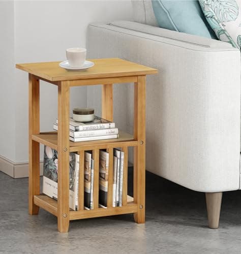 Image of Hallowood Furniture Aston Oak Effect Wooden Side Table with Storage, Light Oak Small Coffee Table with 2 Shelves and a Slotted Design Magazine Rack, for Living Room and Small Spaces