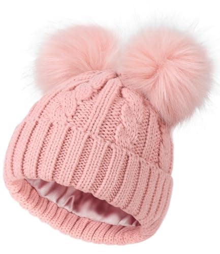 Image of Creekstone Bobble Hat Satin Lined Winter Beanie Hats for Women Girls Warm Knit Hats with Faux Fur Double Pom Pom Ears (UK, Alpha, One Size, Pink)