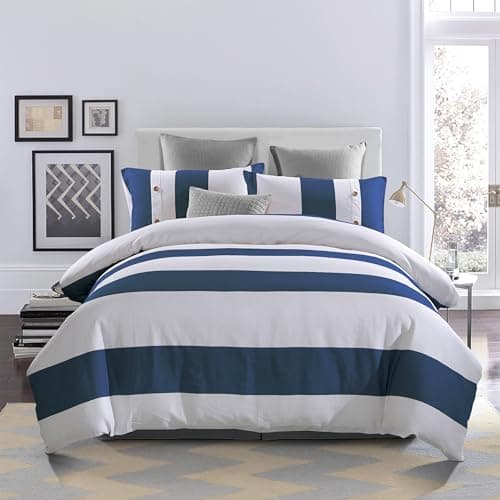 Image of Superior Addison Cotton 300 Thread Count Duvet Cover Set, Soft Comforter Cover, Bedroom Essentials, Coastal Striped Decor, Includes 1 Duvet Cover with Button Closure, 1 Pillow Sham, Twin/Twin XL