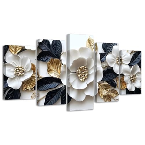 Image of LZIMU Large Canvas Wall Art for Living Room 5 Pieces White Floral Picture Abstract White Blue and Gold Paintings Botanical Floral Prints for Home Decor Framed (Gold, 8x14inx2 8x18inx2 8x22inx1)