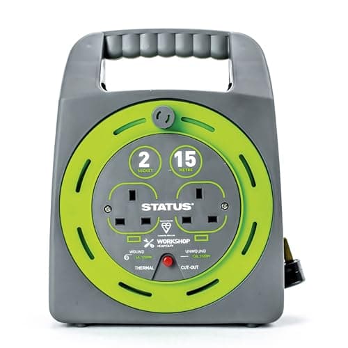 Image of STATUS 2 Socket Cable Reel with 15 Metre Heavy Duty Extension Lead, Thermal Cut-Out Safety for Outdoor and Garden Power Use, Green (S15M2SHBCR1PK2)