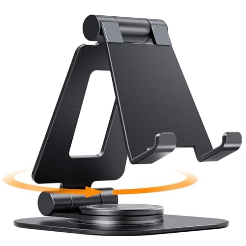 Image of Nulaxy 360 Rotating Phone Stand, Fully Foldable Adjustable Desktop Mobile Phone Holder Cradle Dock, Thick Case Friendly, Compatible with iPhone 17 16 15 14 13 12 11 Pro Max Xs, All Smartphones, Black