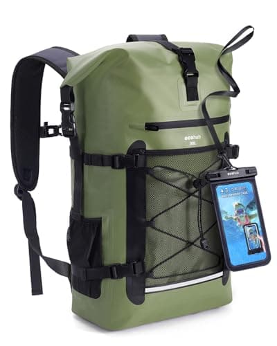 Image of ECOHUB Waterproof Dry Bag Backpack, Roll Top Closure Heavy Duty Waterproof Backpack, Dry Bag Rucksack with IPX8 Waterproof Phone Case for Hiking, Kayaking, Boating, Camping, Fishing, 30L-Green