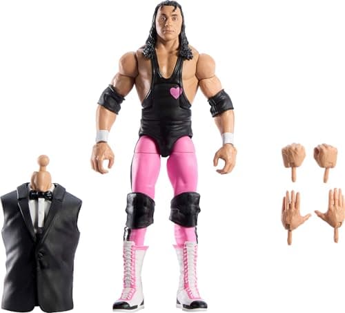 Image of WWE Mattel Elite Collection Action Figure & Accessories, Premium Live Event Bret Hart Set, Wrestlemania with Howard Finkel Build-A-Figure Parts