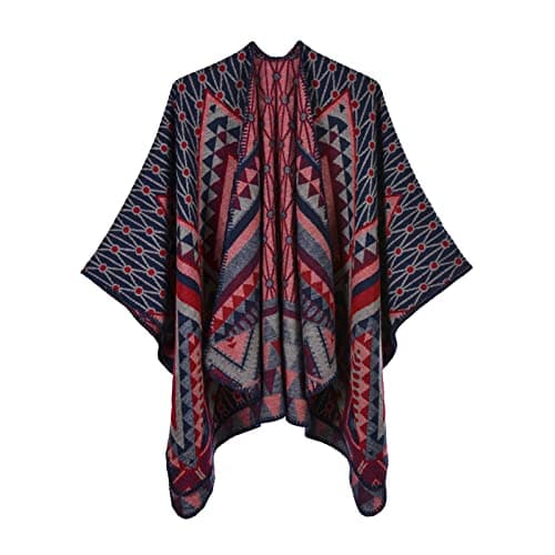 Image of Coat Front Short Back Women Ladies Scarf Wrap Pattern Open Front Knitted Cashmere Thick Super Soft Cardigan Sweater Ruana Cape Coat Jackets Women Winter, navy, One Size