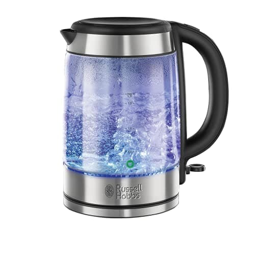 Image of Russell Hobbs Illuminating 1.7L Electric Cordless Glass Kettle with black/brushed stainless steel accents (Fast Boil 3KW, Washable anti-scale filter, Button to open lid, Perfect pour spout) 21600-10