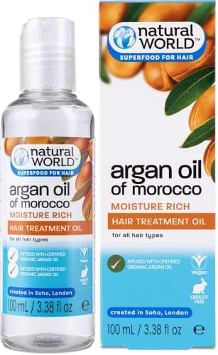 Image of Natural World Argan Oil of Morocco Moisture Rich Hair Treatment Oil (100ml) - For all Hair Types. Infused with Certified Organic Argan Oil. Cruelty Free & Vegan Friendly. Superfood for Hair