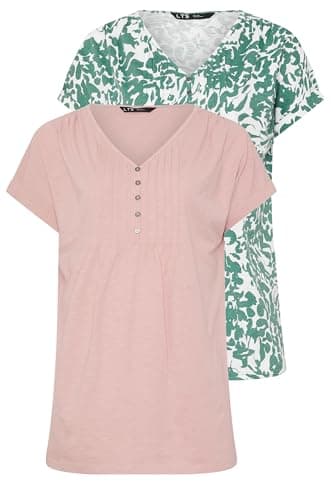 Image of Long Tall Sally - LTS Tall 2 Pack Pink & Floral Cotton Henley Tops - Women's