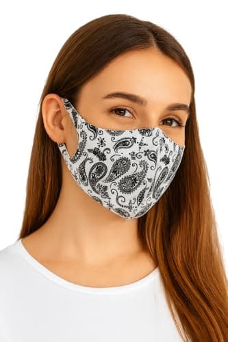 Image of Komonee Face Mask Washable Reusable White Paisley Dustproof Cloth Mouth Cover Covering For Men Women Outdoors Indoors Cycling Ski Protection (Pack of 3)