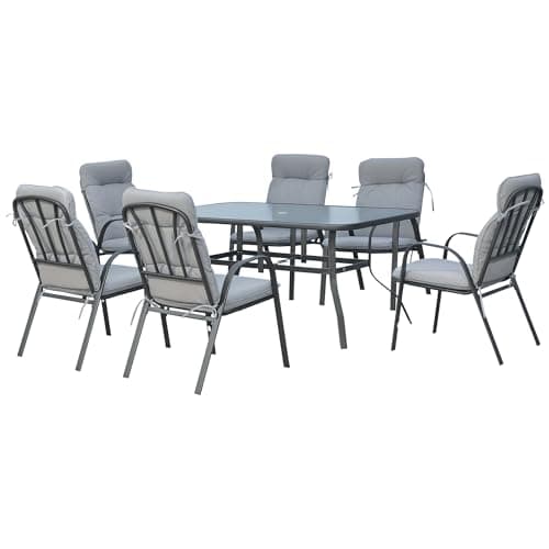Image of Outsunny 7 Pieces Garden Dining Set, Outdoor Rectangular Dining Table and 6 Cushioned Armchairs, Tempered Glass Top Table w/Umbrella Hole, Texteline Seats, Grey