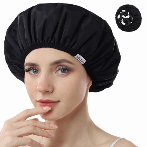 Image of Years Calm Shower Caps For Women Reusable Waterproof，Pattern And Solid Color Dual-Layer Design For Dual-Layer Usable，Protects Hair In Shower, Spa, Cooking, Clean & Travel (Black, One Size)