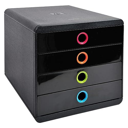 Image of Exacompta - Ref 314498D - Glossy Pop-Box - 347 x 278 x 267mm in Size, Suitable for Storing A4+ Documents, 4 Closed Drawers, Smooth Drawer Action - Black/Harlequin