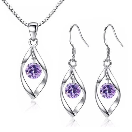 Image of Zolkamery Silver Jewellery Set for Women, 925 Sterling Silver Women's Jewellery Sets with Purple 5A Zirconia, Hypoallergenic Goldplated Twist Drop Pendant Necklace & Hook Dangle Earrings Set for Girls