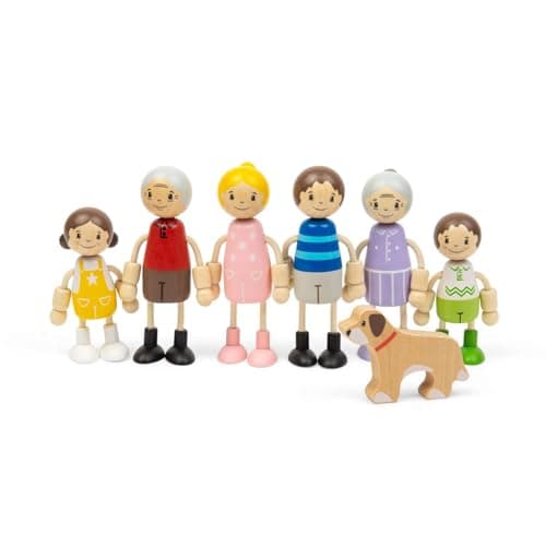 Image of Bigjigs Toys Generational Family Dolls | Set of 7 Wooden Doll House People | Small Toy Families | Kids, Parents, Grandparents & Dog Figures for Dollhouse | Role Play Sets for Children from 18 Months+
