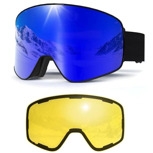 Image of MXJ Gear Ski Goggles for Women Men Youth,YH212 OTG Snowboarding Goggles,Anti-fog UV400 Protection,Magnetic Snow Goggles Interchangeable Lenses (Black Frame-Blue Lens VLT 19%+Yellow Lens VLT 78%)